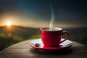 une tasse de café sur une en bois tableau. généré par ai photo