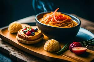 une bol de Pâtes avec fruit et des légumes sur une en bois tableau. généré par ai photo