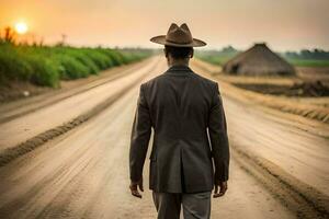 une homme dans une costume et chapeau en marchant vers le bas une saleté route. généré par ai photo