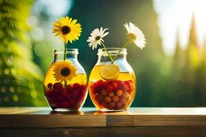 deux verre pots avec baies et fleurs. généré par ai photo