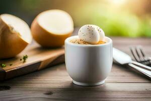 une tasse de Oeuf dans une blanc bol avec une couteau et fourchette. généré par ai photo