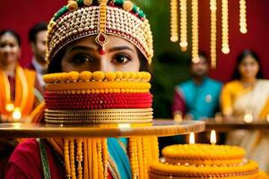 une femme portant une traditionnel Indien robe avec une or collier. généré par ai photo