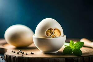 un Oeuf dans une tasse avec épices et herbes. généré par ai photo