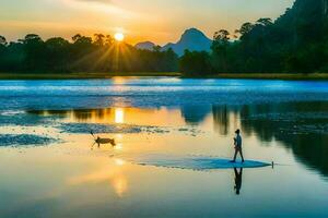 une homme est permanent sur une pagayer planche dans le l'eau à le coucher du soleil. généré par ai photo