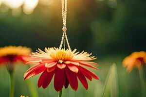 une rouge fleur avec une Collier pendaison de il. généré par ai photo