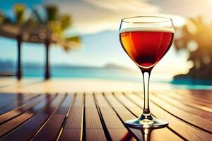 une verre de du vin sur une en bois table près le océan. généré par ai photo