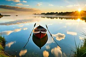 une bateau est flottant sur le calme l'eau à le coucher du soleil. généré par ai photo