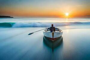 une homme dans une bateau sur le océan à le coucher du soleil. généré par ai photo