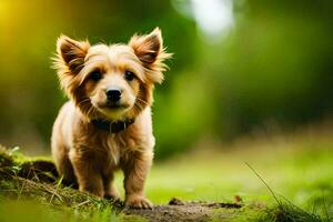 une petit marron chien permanent dans le herbe. généré par ai photo