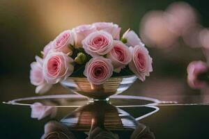 une vase rempli avec rose des roses sur une tableau. généré par ai photo