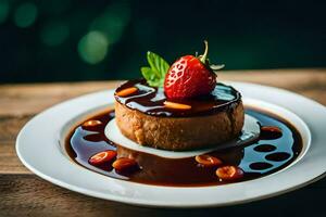 une dessert avec Chocolat sauce et des fraises sur une blanc plaque. généré par ai photo