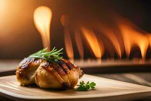 grillé poulet sur une en bois assiette avec brins de Romarin. généré par ai photo
