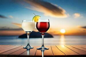 deux du vin des lunettes avec une le coucher du soleil dans le Contexte. généré par ai photo