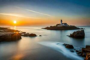 le Soleil ensembles plus de une phare sur le océan. généré par ai photo