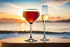 deux des lunettes de du vin sur une table avec le Soleil réglage derrière eux. généré par ai photo