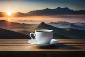 café tasse sur le table avec montagnes dans le Contexte. généré par ai photo