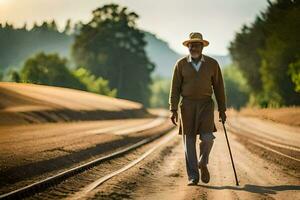 un vieux homme en marchant sur une train piste. généré par ai photo