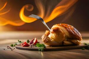 une pièce de poulet sur une en bois Coupe planche avec une fourchette. généré par ai photo