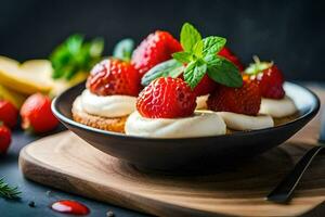 une bol de des fraises et crème sur une en bois tableau. généré par ai photo