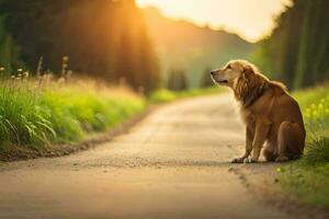 une chien séance sur le côté de une route. généré par ai photo