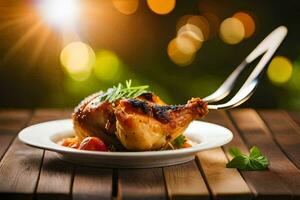 poulet avec des légumes et une fourchette sur une plaque. généré par ai photo