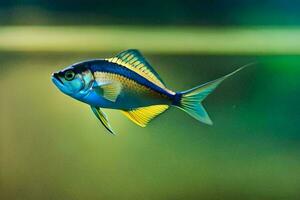 une bleu et Jaune poisson nager dans le l'eau. généré par ai photo