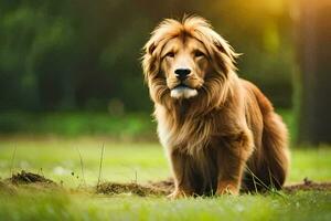 une chien séance dans le herbe. généré par ai photo