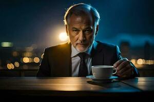 un plus âgée homme dans une costume et attacher séance à une table avec une tasse de café. généré par ai photo