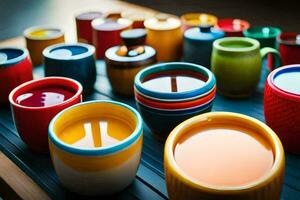 coloré tasses et soucoupes sont arrangé sur une tableau. généré par ai photo