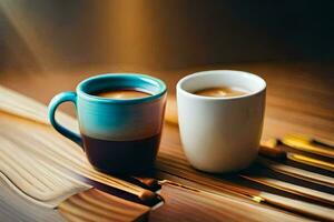 deux café tasses sur une en bois tableau. généré par ai photo