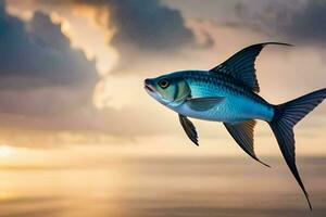 une poisson est en volant plus de le océan à le coucher du soleil. généré par ai photo
