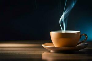 une tasse de café sur une table avec fumée à venir en dehors de il. généré par ai photo