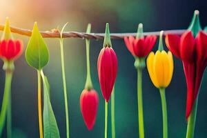 coloré fleurs sont pendaison de une fil. généré par ai photo