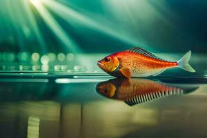 une poisson est réfléchi dans le l'eau avec lumière à venir de le Soleil. généré par ai photo
