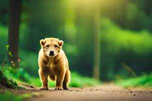 une marron chien est en marchant vers le bas une saleté route. généré par ai photo