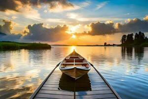 une bateau sur le Lac à le coucher du soleil. généré par ai photo