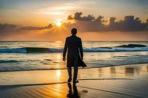 une homme dans une costume des promenades sur le plage à le coucher du soleil. généré par ai photo