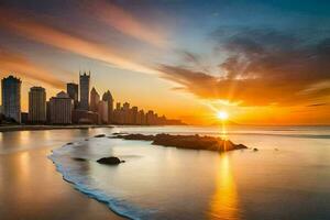 le Soleil ensembles plus de le ville horizon dans cette photo. généré par ai photo