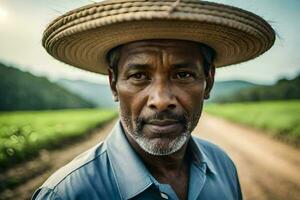 une homme portant une paille chapeau dans une champ. généré par ai photo