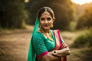 une femme dans une sari pose pour une portrait. généré par ai photo