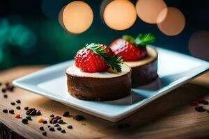 deux desserts sur une blanc assiette avec des fraises. généré par ai photo