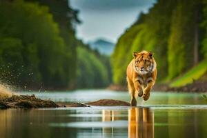 une Lion fonctionnement à travers une rivière dans le forêt. généré par ai photo