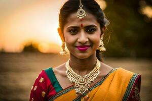 une magnifique Indien femme dans une sari. généré par ai photo