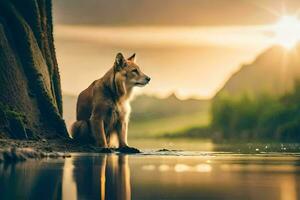 une chien séance sur le rive de une rivière à le coucher du soleil. généré par ai photo