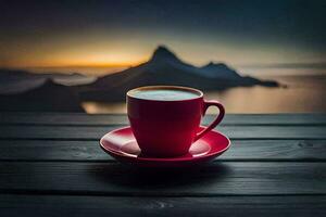 café tasse sur le table avec montagnes dans le Contexte. généré par ai photo