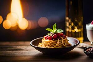 spaghetti et une verre de du vin. généré par ai photo