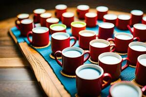 une plateau de rouge et blanc tasses sur une en bois tableau. généré par ai photo