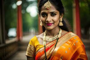 une femme dans un Orange sari avec or bijoux. généré par ai photo