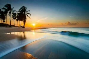 le Soleil monte plus de le océan et vagues à le plage. généré par ai photo