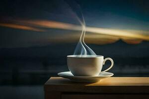 une tasse de café sur une table avec une vue de le ciel. généré par ai photo